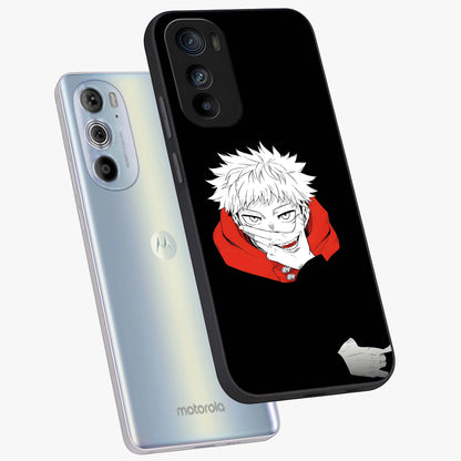 Crimson Chaos Smile Glass Case displayed in angled mockup highlighting edgy crimson smile design with graphic aesthetic.