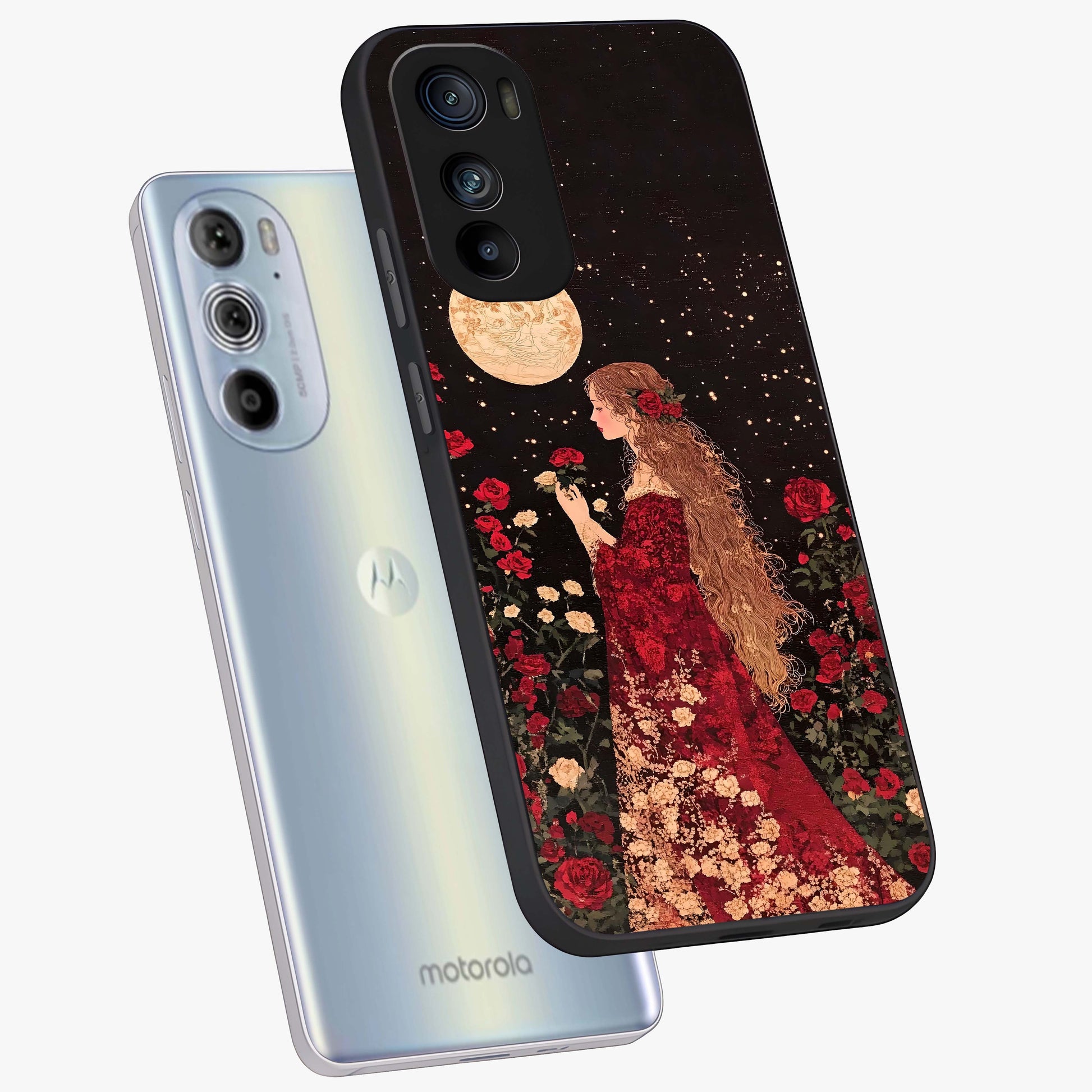Crimson Dreams Glass Case displayed in angled mockup highlighting soft crimson aesthetic design with artistic theme.