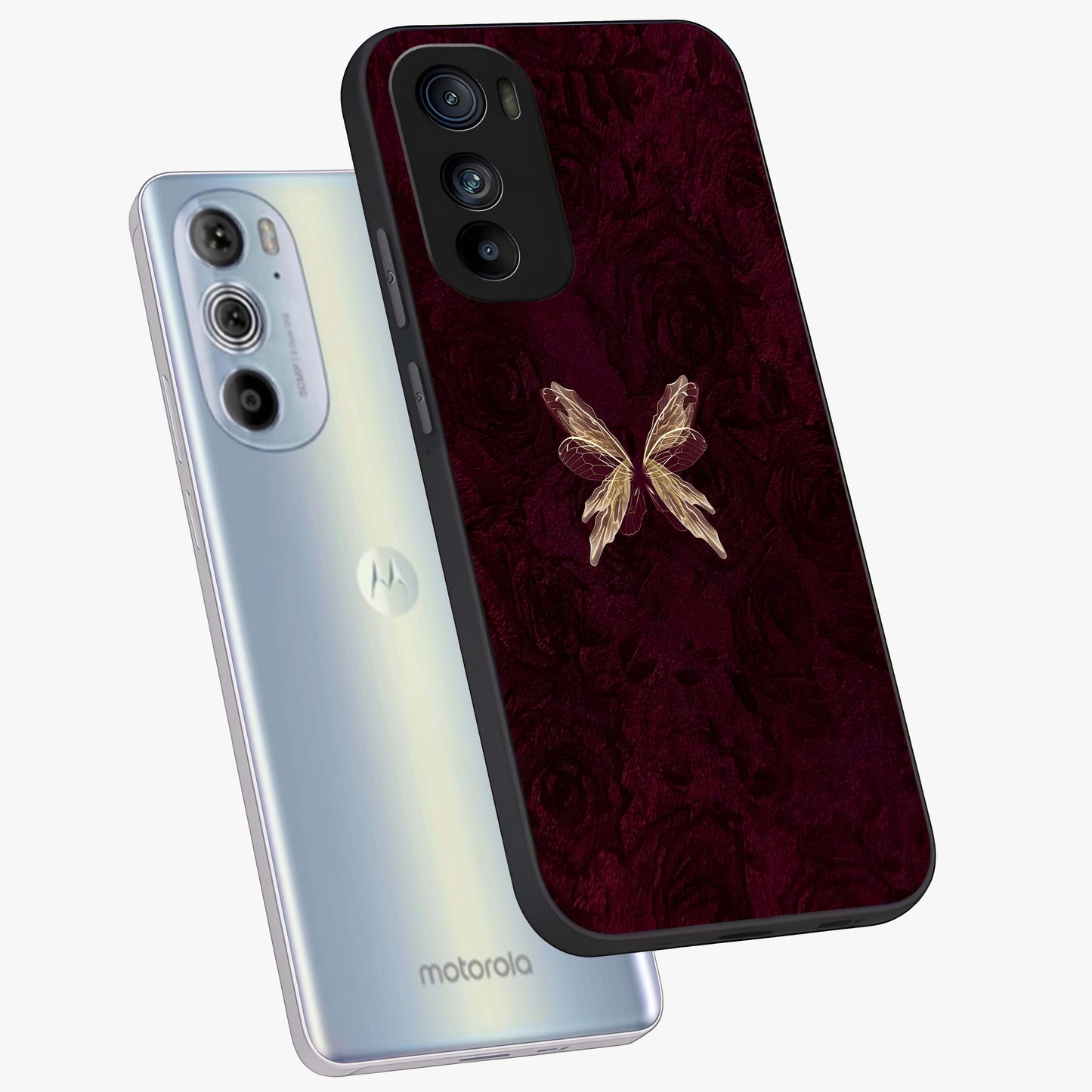 Crimson Fade Butterfly Glass Case displayed in angled mockup highlighting elegant butterfly design with crimson gradient aesthetic.
