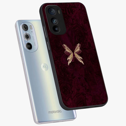 Crimson Fade Butterfly Glass Case displayed in angled mockup highlighting elegant butterfly design with crimson gradient aesthetic.