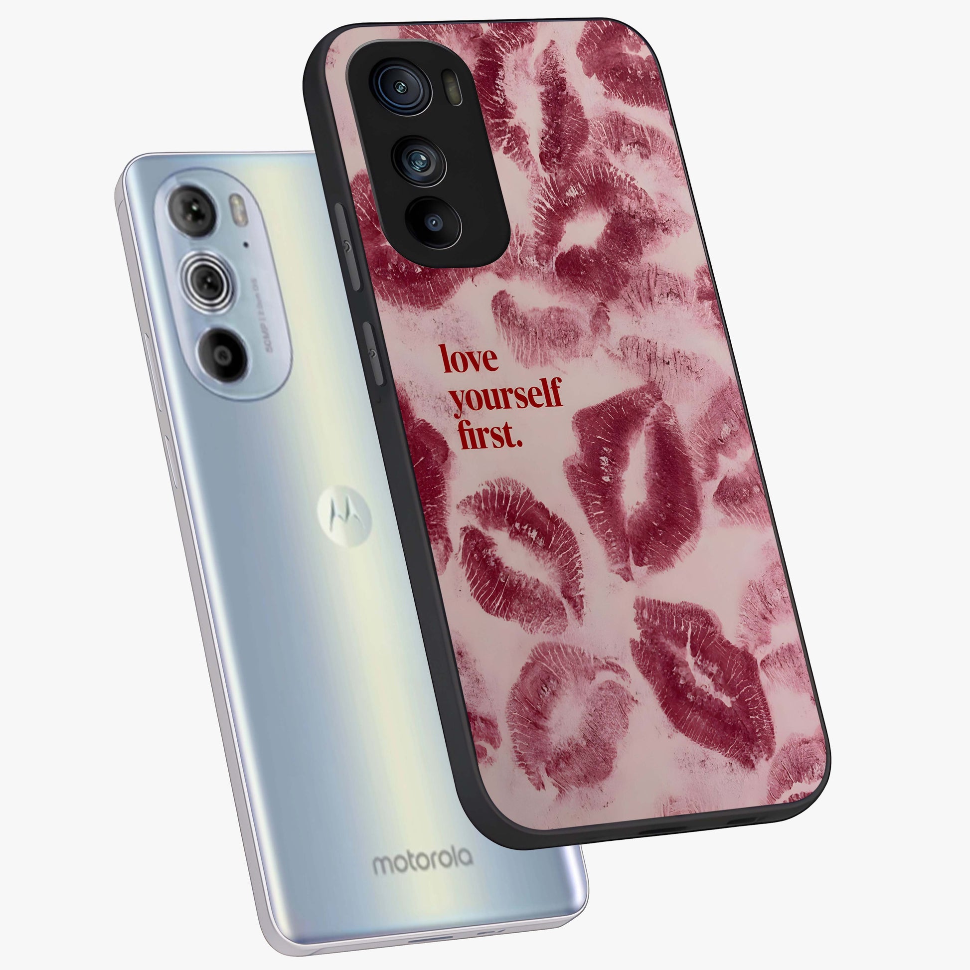 Crimson Kiss Love Glass Case displayed in angled mockup highlighting bold love inspired design with modern aesthetic style.