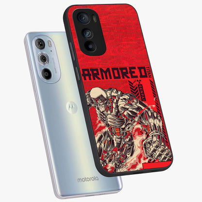 Crimson Mecha Titan Glass Case displayed in angled mockup highlighting futuristic mech illustration with bold crimson aesthetic.