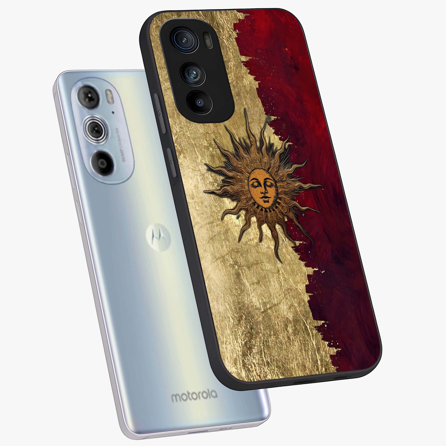 Crimson Sun Majesty Glass Case displayed in angled mockup highlighting majestic crimson sun design with bold aesthetic style.