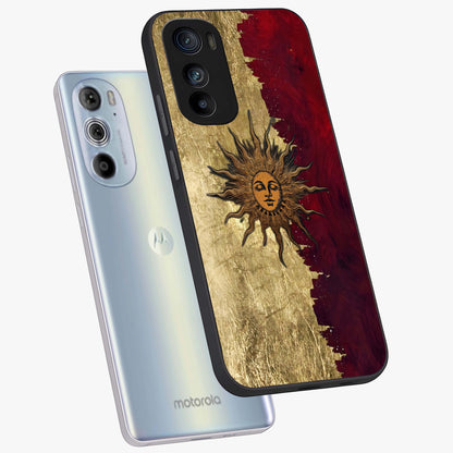 Crimson Sun Majesty Glass Case displayed in angled mockup highlighting majestic crimson sun design with bold aesthetic style.