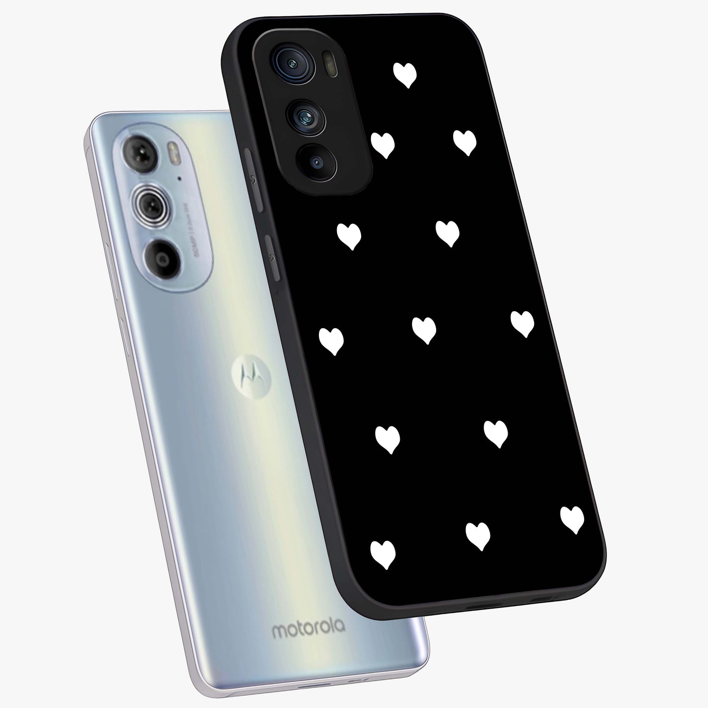 Cute And Simple White Hearts Glass Case displayed in angled mockup highlighting cute heart design with clean aesthetic style.