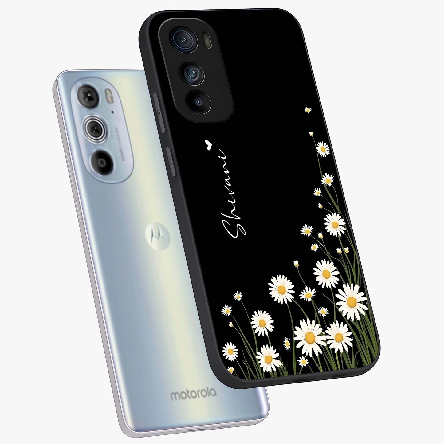 Daisy Cascade Custom Name Glass Case displayed in angled mockup highlighting delicate daisy artwork with custom name feature.