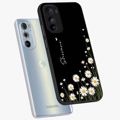Daisy Cascade Custom Name Glass Case displayed in angled mockup highlighting delicate daisy artwork with custom name feature.