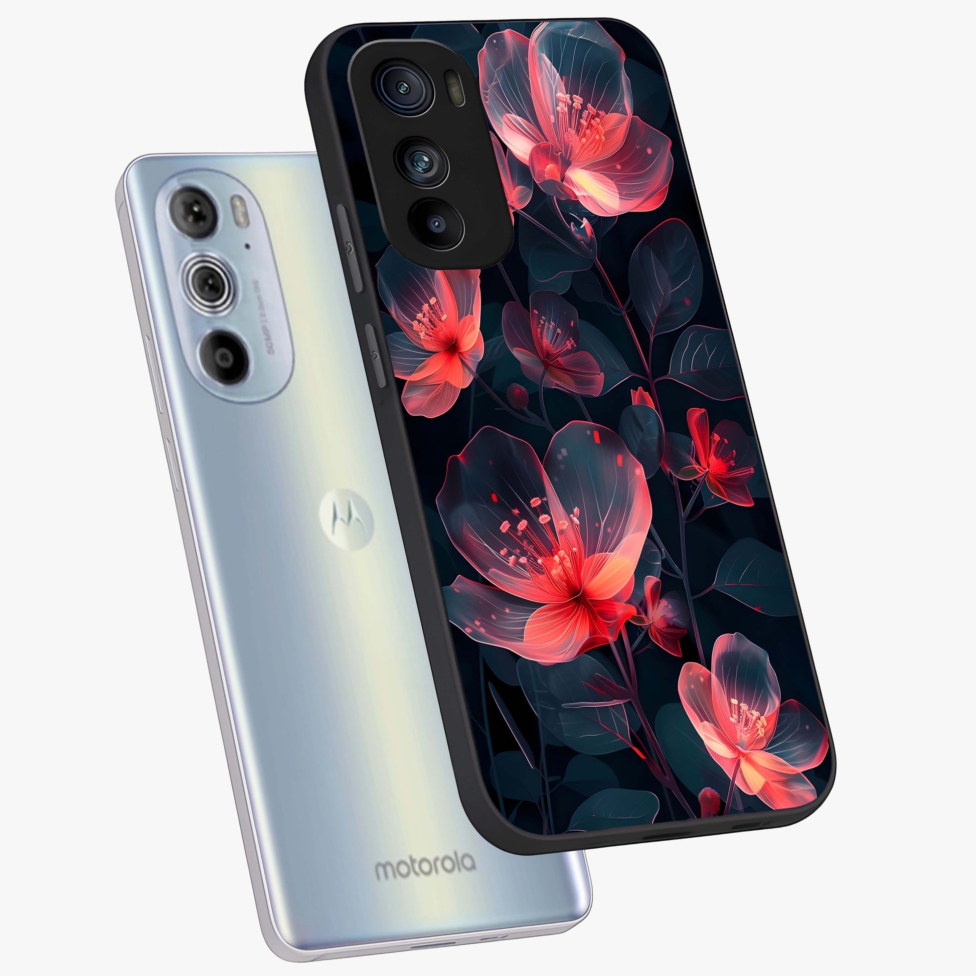Dark Shade of Flower Glass Case displayed in angled mockup highlighting moody floral illustration with aesthetic dark tones.