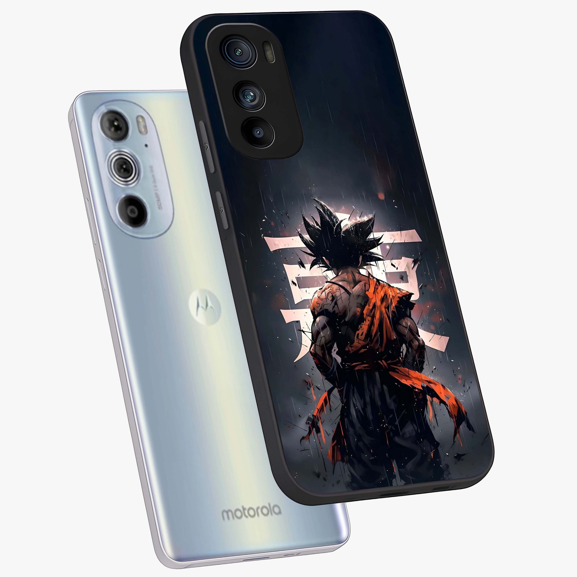Dark Warrior In Rain Glass Case displayed in angled mockup highlighting dramatic warrior illustration with dark rain aesthetic.