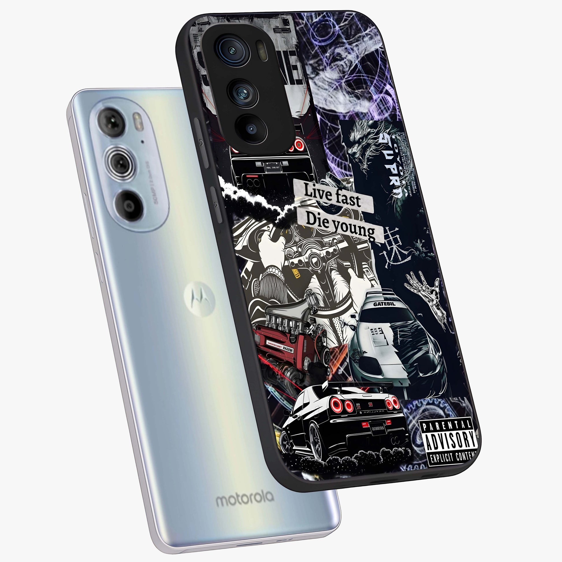 Die Young Glass Case displayed in angled mockup highlighting expressive graphic artwork with edgy aesthetic style.