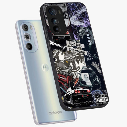 Die Young Glass Case displayed in angled mockup highlighting expressive graphic artwork with edgy aesthetic style.
