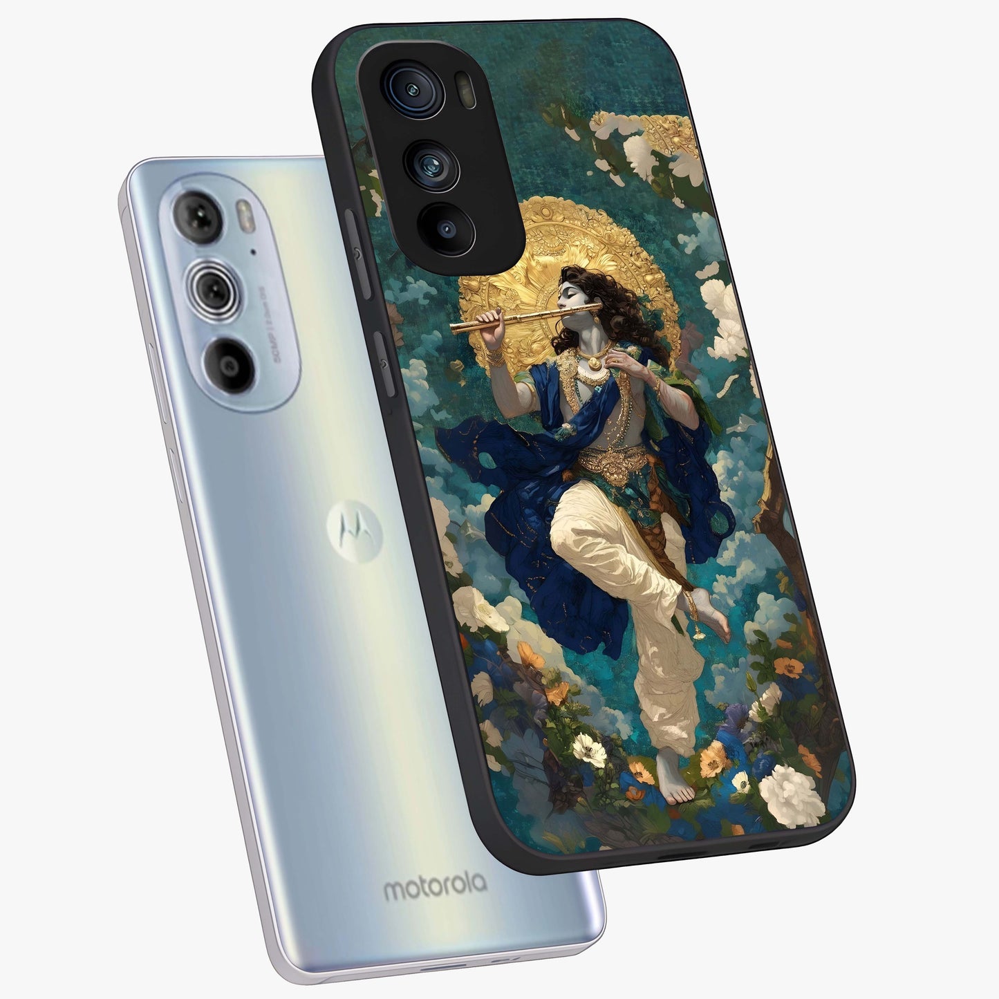 Divine Krishna Art Glass Case displayed in angled mockup highlighting spiritual Krishna illustration with devotional aesthetic.
