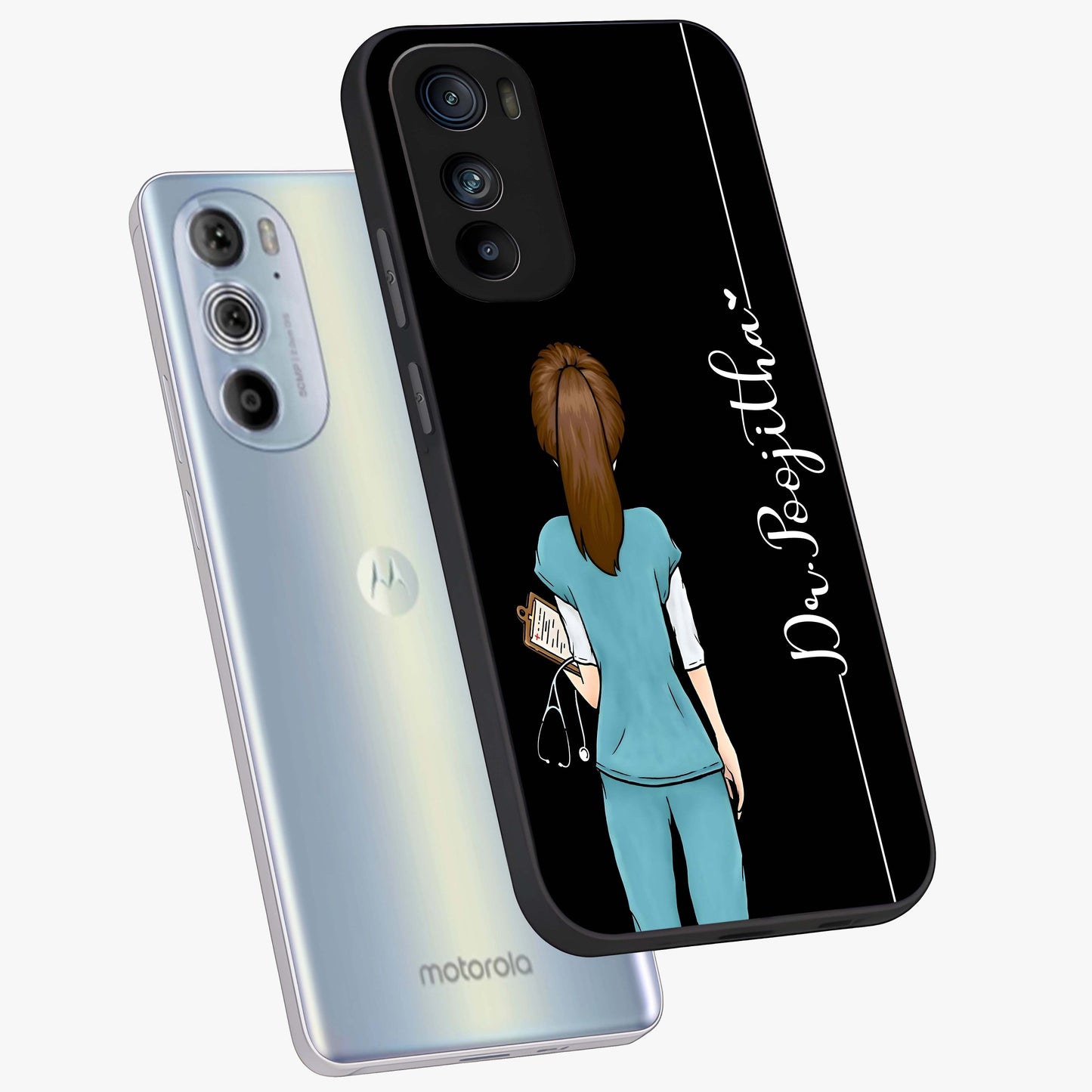 Doctor Pattern Custom Name Glass Case displayed in angled mockup highlighting doctor inspired artwork with custom name feature.