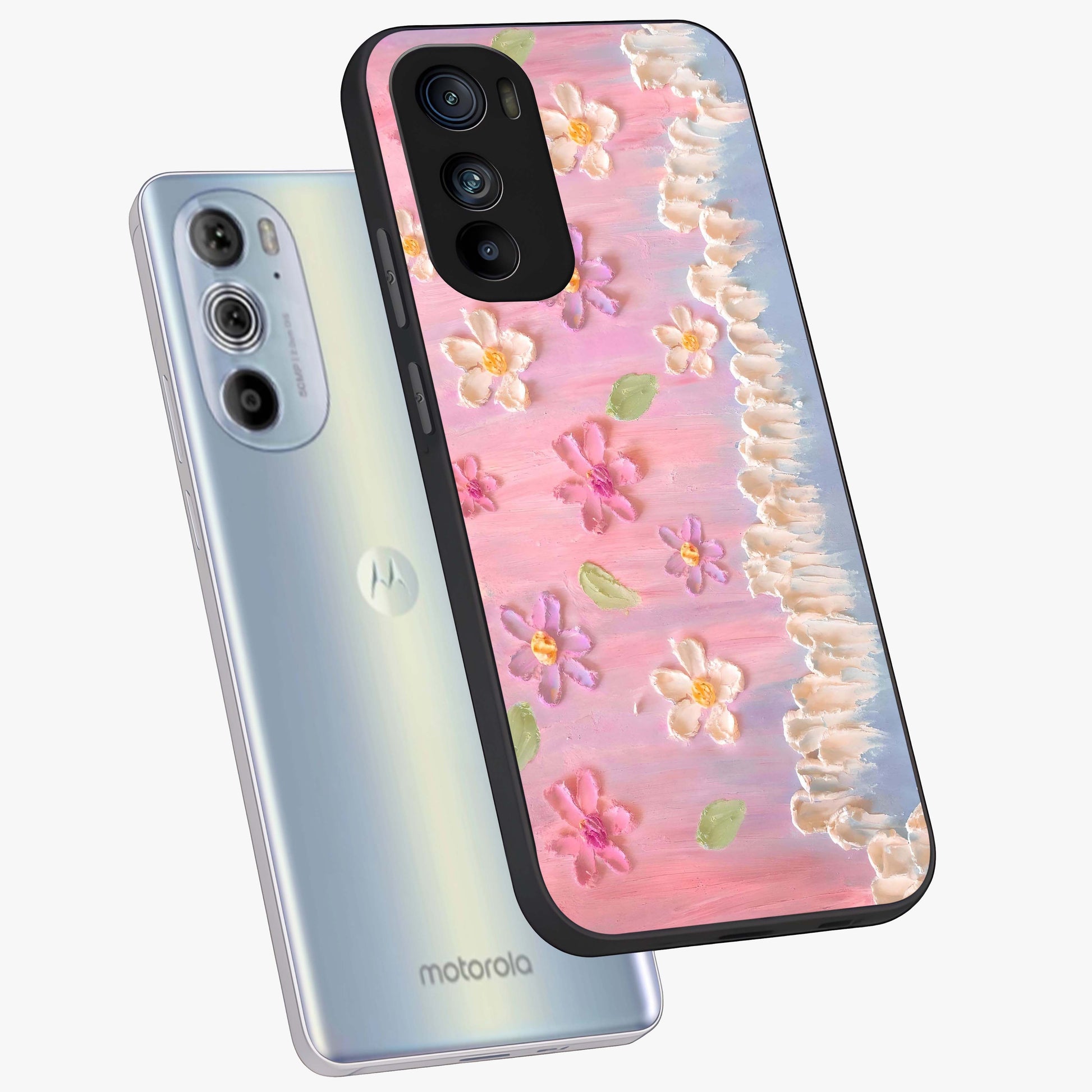 Dreamy Painted Garden Glass Case displayed in angled mockup highlighting colorful garden illustration with dreamy aesthetic style.