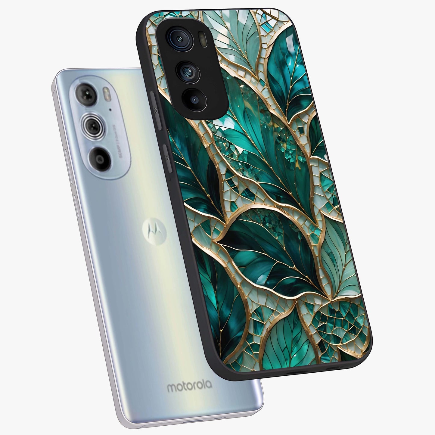 Emerald Leaf Glass Glass Case displayed in angled mockup highlighting botanical leaf illustration with elegant natural aesthetic.