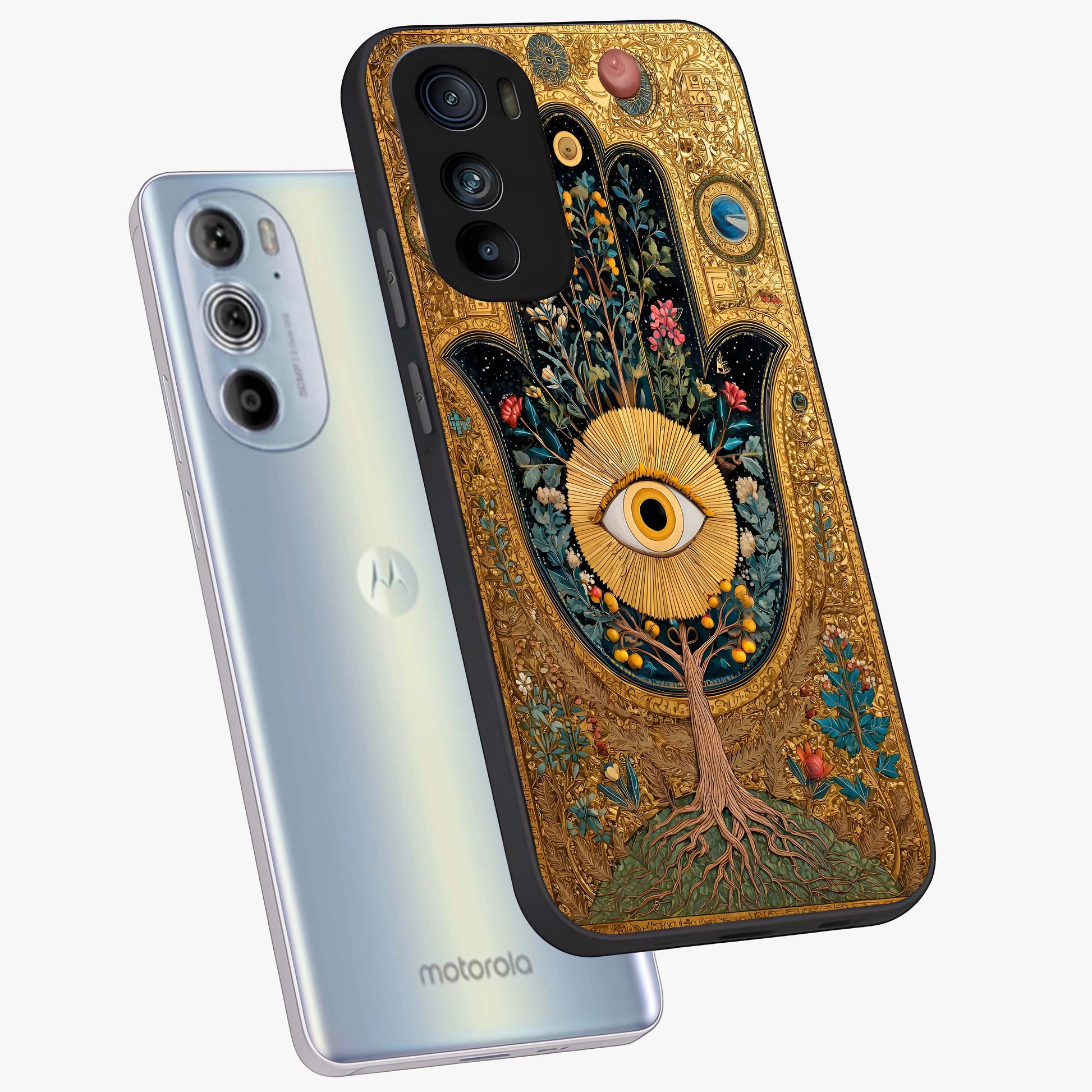 Ethereal Evil Eye Glass Case displayed in angled mockup highlighting protective evil eye symbol with spiritual aesthetic design.