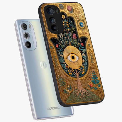 Ethereal Evil Eye Glass Case displayed in angled mockup highlighting protective evil eye symbol with spiritual aesthetic design.