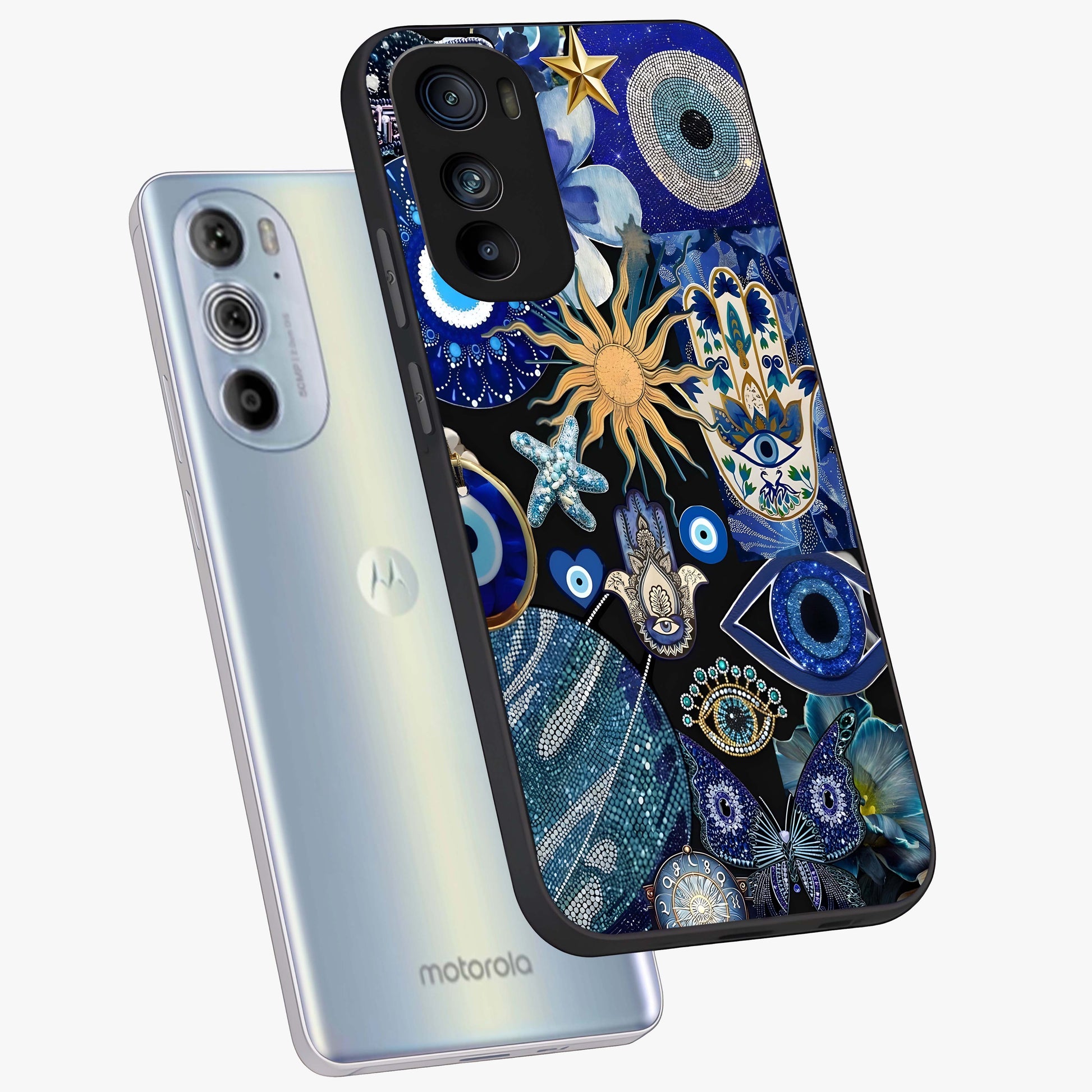 Evil Eye Charm Mix Glass Case displayed in angled mockup highlighting protective evil eye symbols with spiritual aesthetic design.