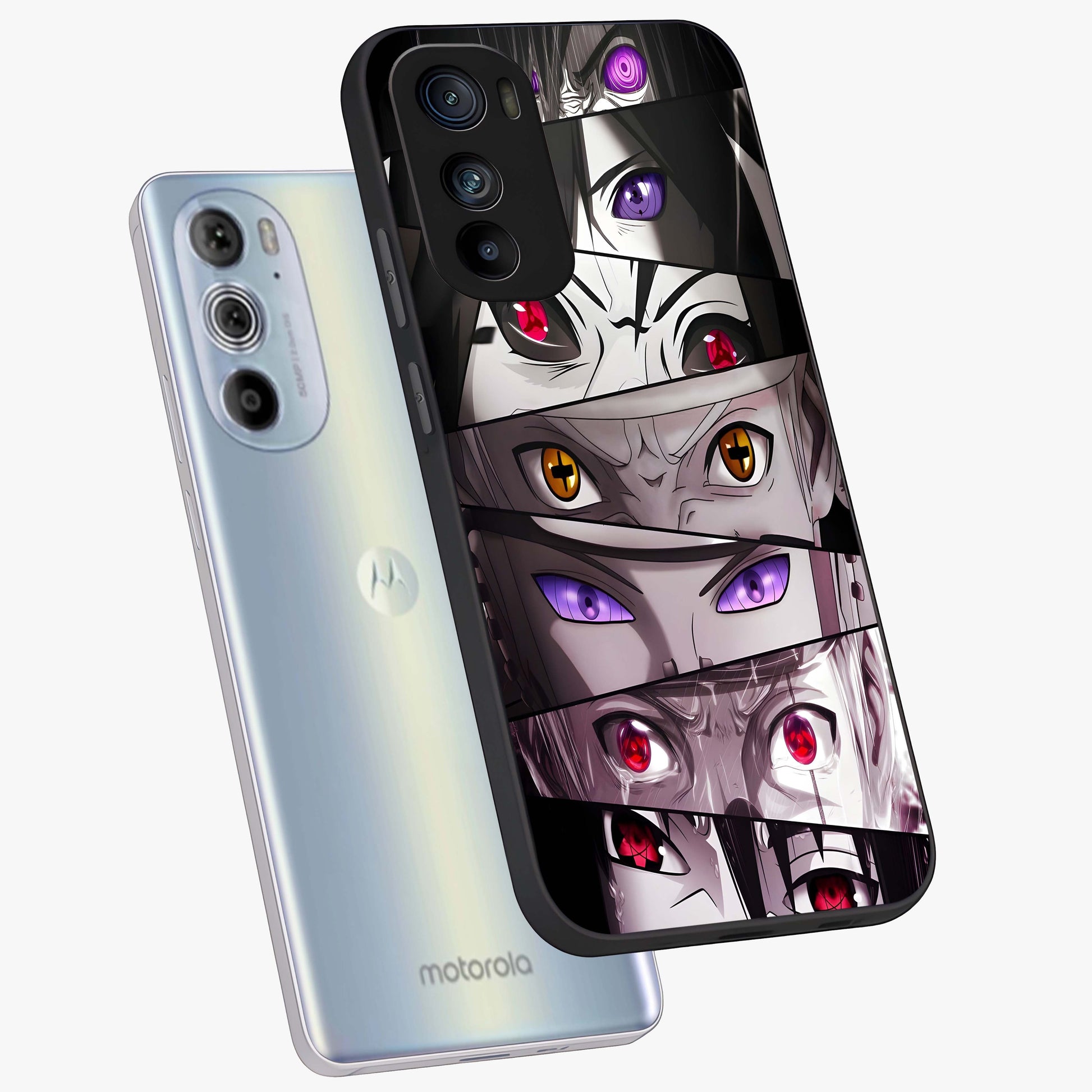 Eyes of Destiny Glass Case displayed in angled mockup highlighting bold eye illustration with mystical aesthetic style.