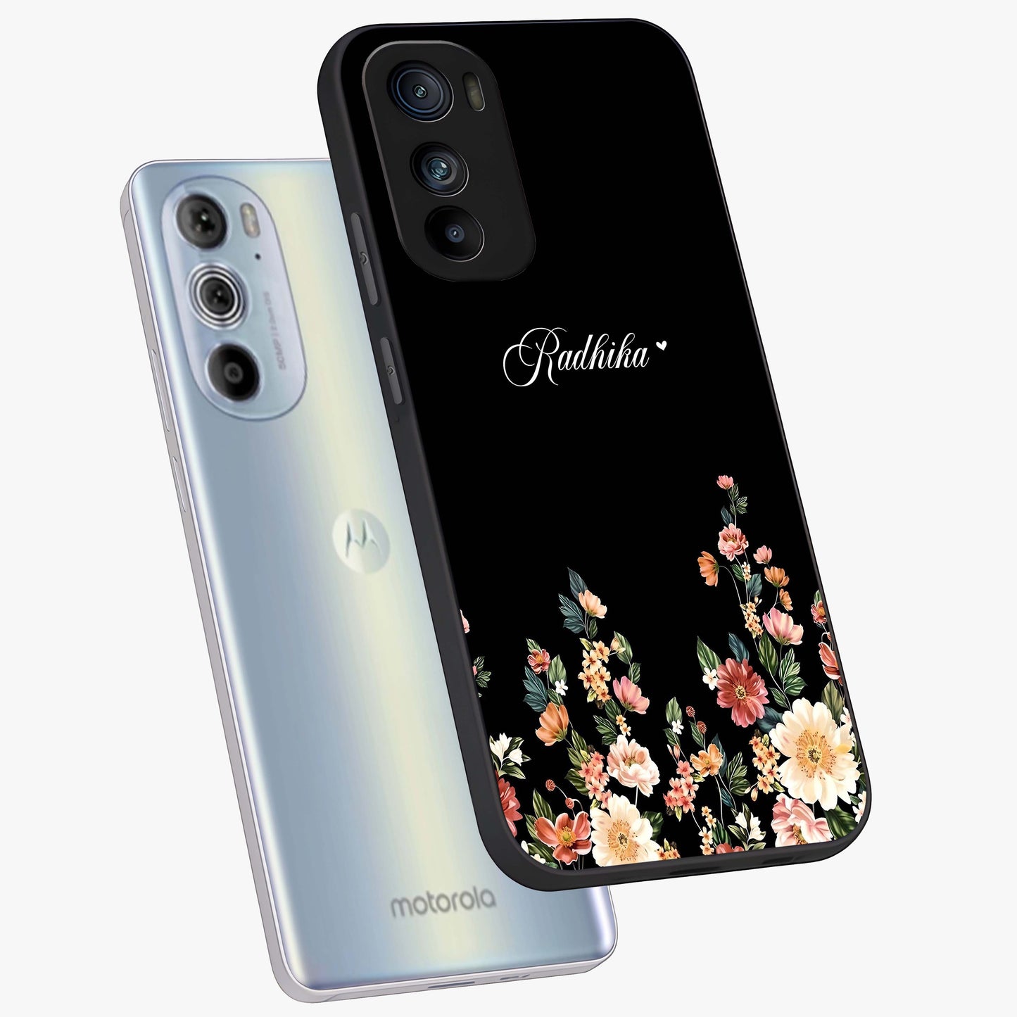 Floral Design With a Custom Personalized Name Glass Case displayed in angled mockup highlighting elegant floral pattern with custom name feature.