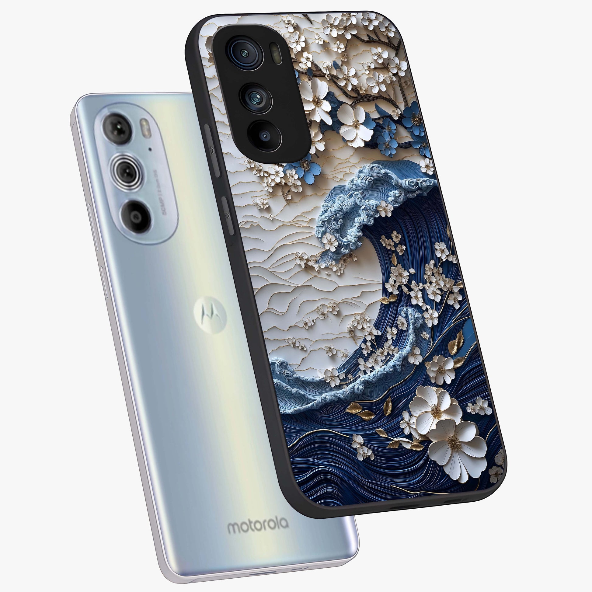 Floral Wave Origami Glass Case displayed in angled mockup highlighting geometric origami flower design with modern aesthetic style.
