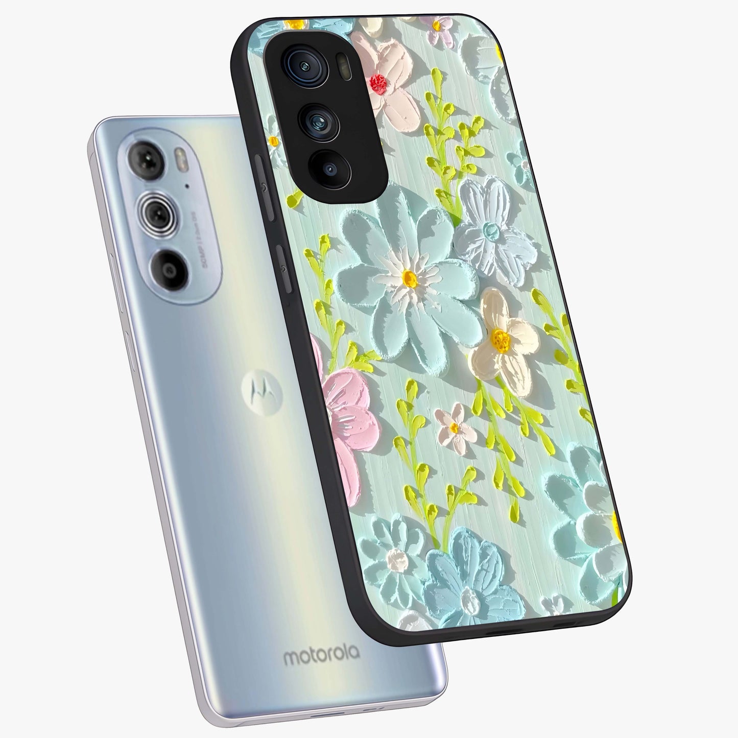 Frosted Petal Garden Glass Case displayed in angled mockup highlighting delicate flower petal design with calm garden aesthetic.