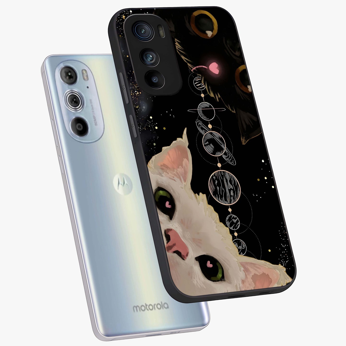 Galactic Cat Glass Case displayed in angled mockup highlighting celestial feline illustration with galaxy aesthetic style.
