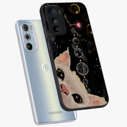 Galactic Cat Glass Case displayed in angled mockup highlighting celestial feline illustration with galaxy aesthetic style.