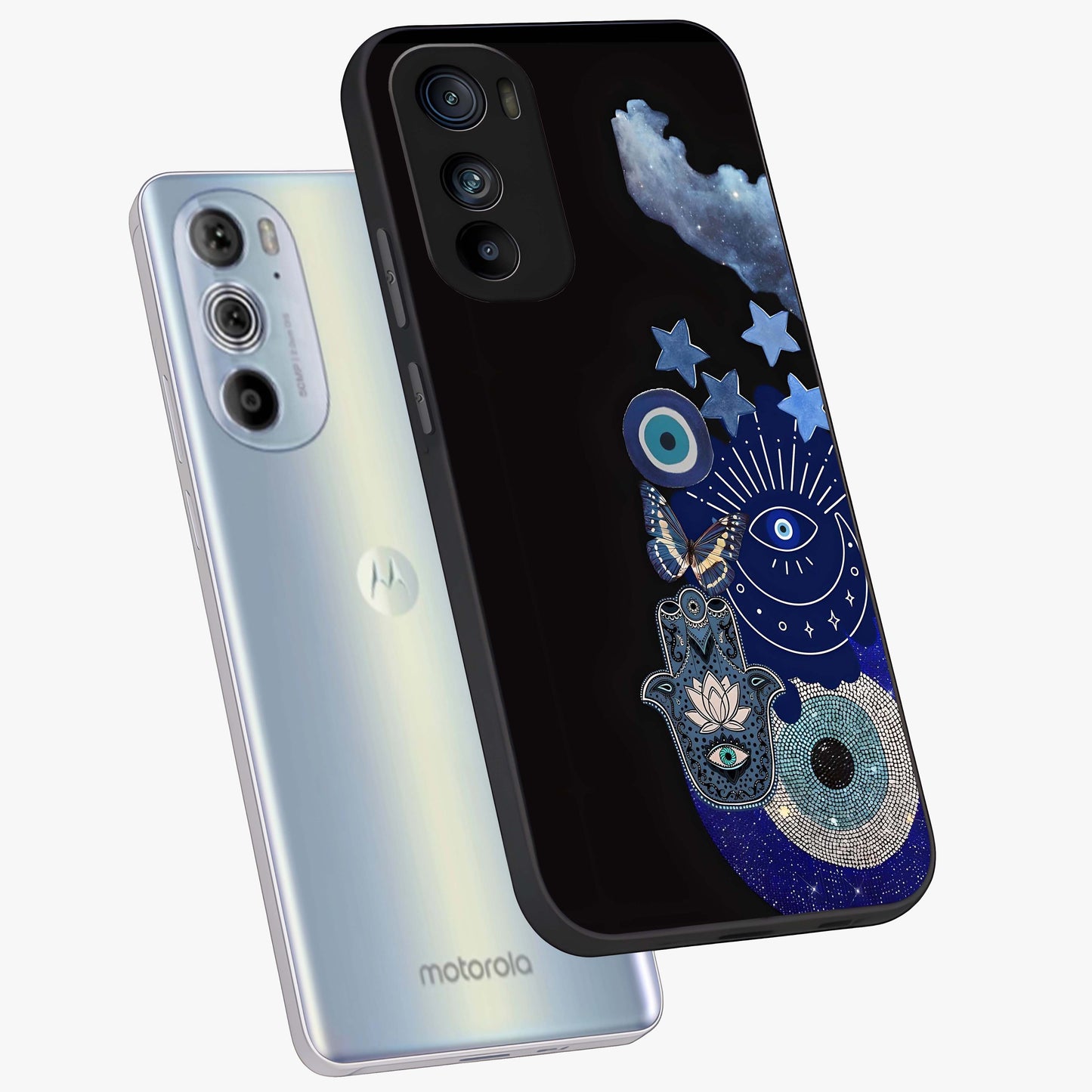 Galactic Charm Cluster Glass Case displayed in angled mockup highlighting luminous galaxy inspired design with dreamy aesthetic.