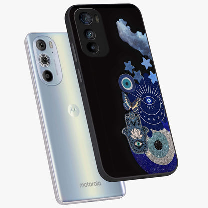 Galactic Charm Cluster Glass Case displayed in angled mockup highlighting luminous galaxy inspired design with dreamy aesthetic.