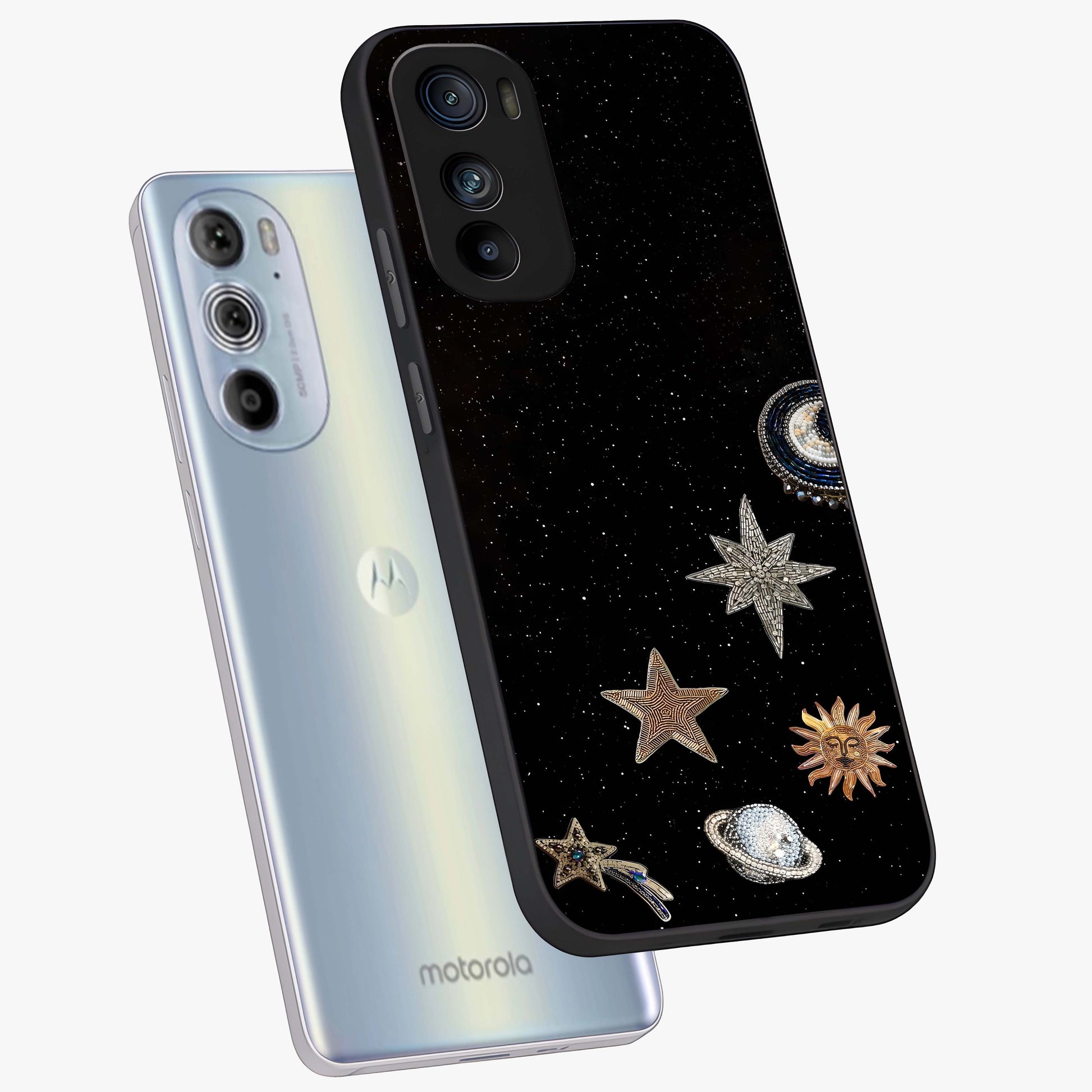 Galactic Charm Glow Glass Case displayed in angled mockup highlighting luminous galaxy inspired design with dreamy aesthetic.