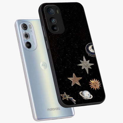 Galactic Charm Glow Glass Case displayed in angled mockup highlighting luminous galaxy inspired design with dreamy aesthetic.