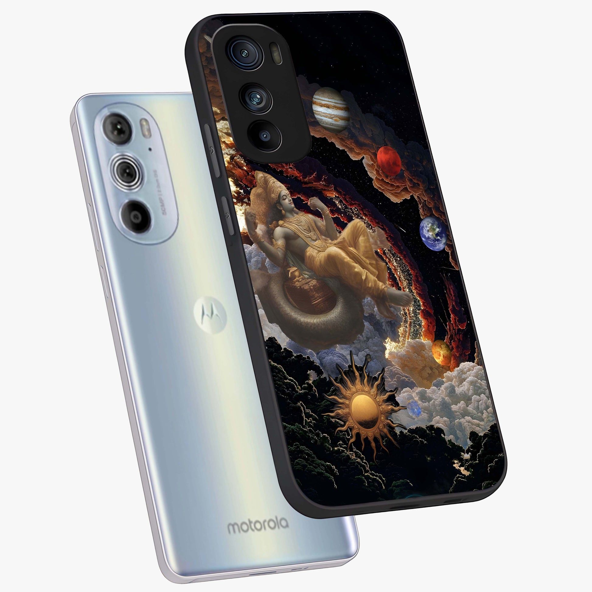 Galactic Divine God Glass Case displayed in angled mockup highlighting powerful celestial deity illustration with galactic aesthetic.