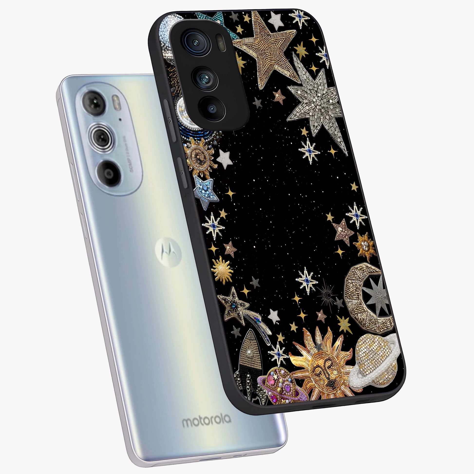 Galactic Jewel Stars Glass Case displayed in angled mockup highlighting shining celestial star design with cosmic aesthetic style.