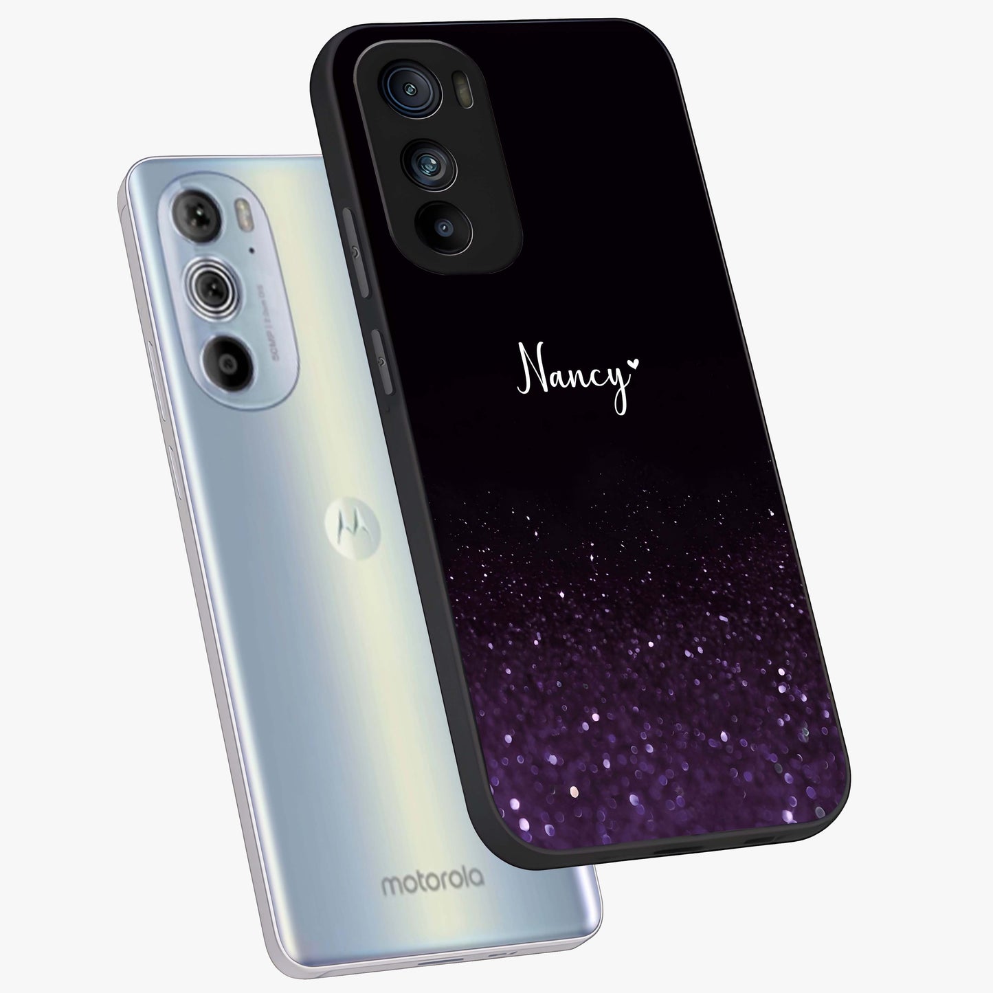 Glittery Purple Bokeh Custom Name Glass Case displayed in angled mockup highlighting glitter bokeh pattern with custom name feature.