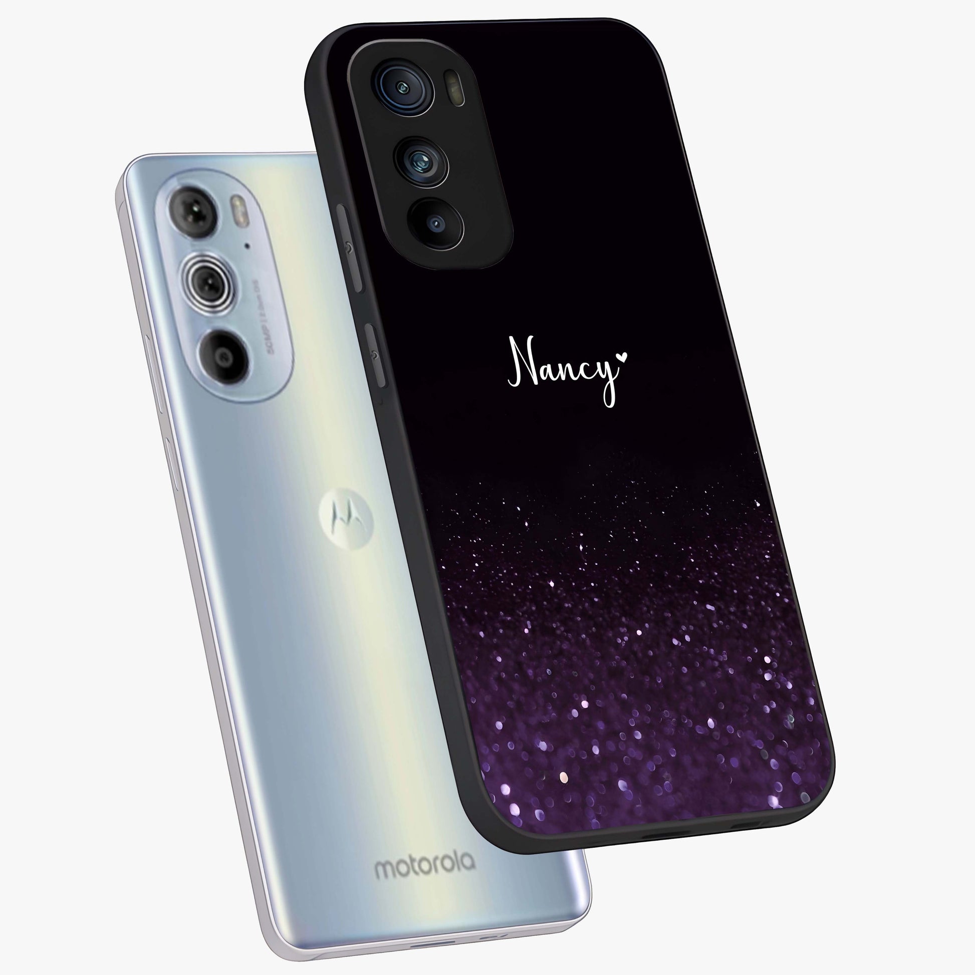 Glittery Purple Bokeh Custom Name Glass Case displayed in angled mockup highlighting glitter bokeh pattern with custom name feature.