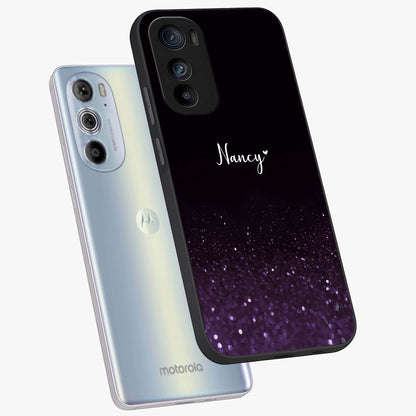 Glittery Purple Bokeh Custom Name Glass Case displayed in angled mockup highlighting glitter bokeh pattern with custom name feature.