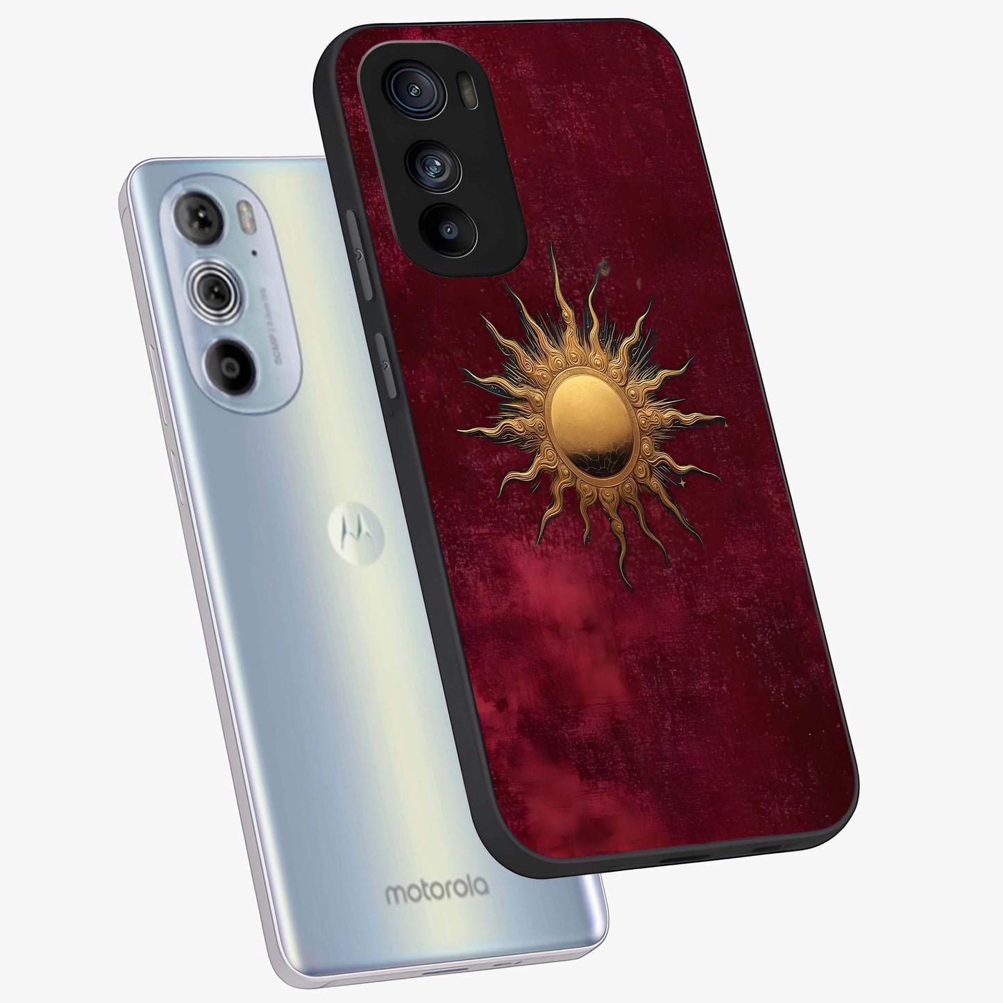 Golden Sun Minimalism Glass Case displayed in angled mockup highlighting clean sun symbol design with modern minimal aesthetic.