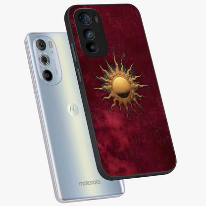 Golden Sun Minimalism Glass Case displayed in angled mockup highlighting clean sun symbol design with modern minimal aesthetic.