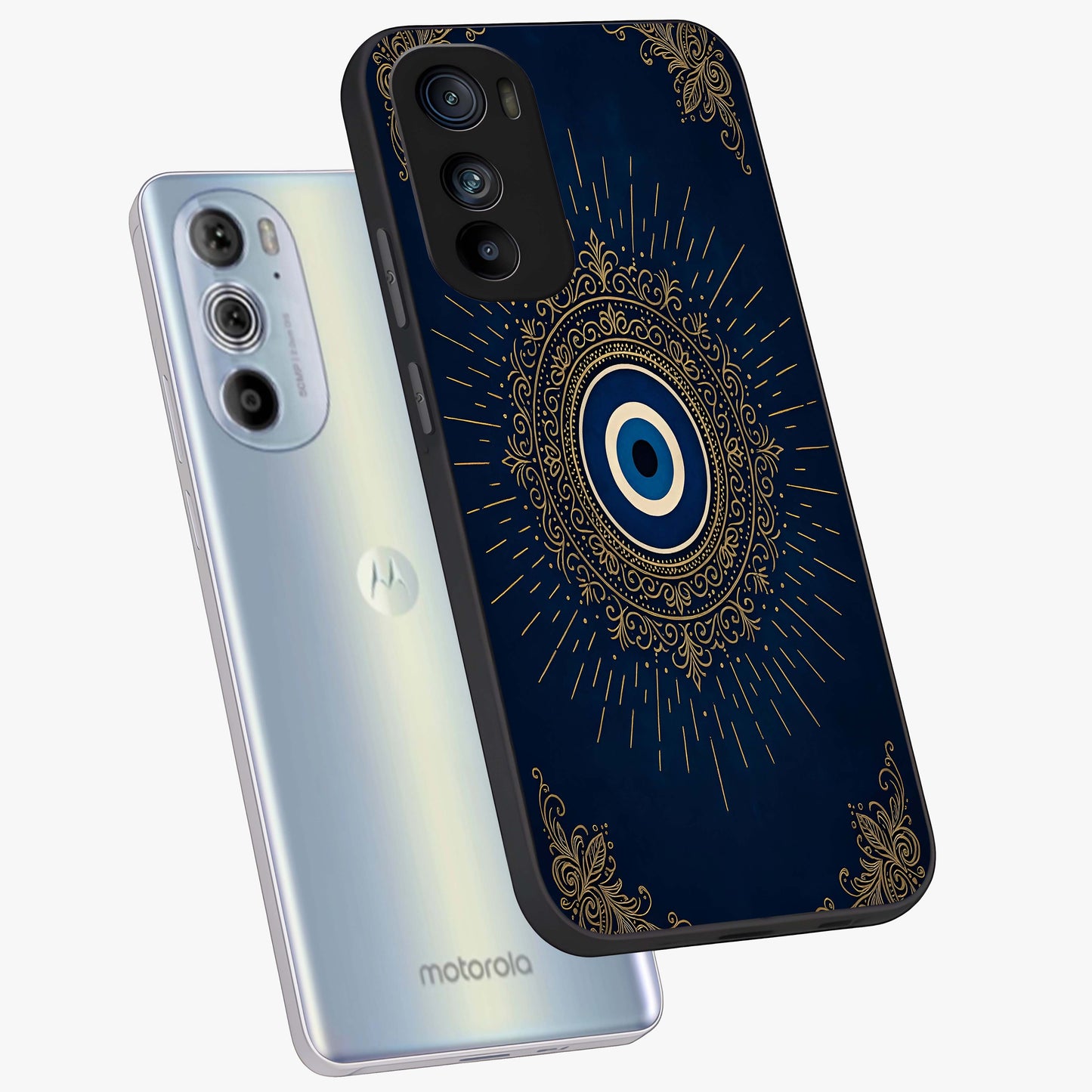 Golden Celestial Charm Glass Case displayed in angled mockup highlighting sparkling cosmic charm design with celestial aesthetic.