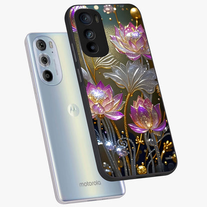 Golden Floral Majesty Glass Case displayed in angled mockup highlighting elegant flower design with royal golden aesthetic.
