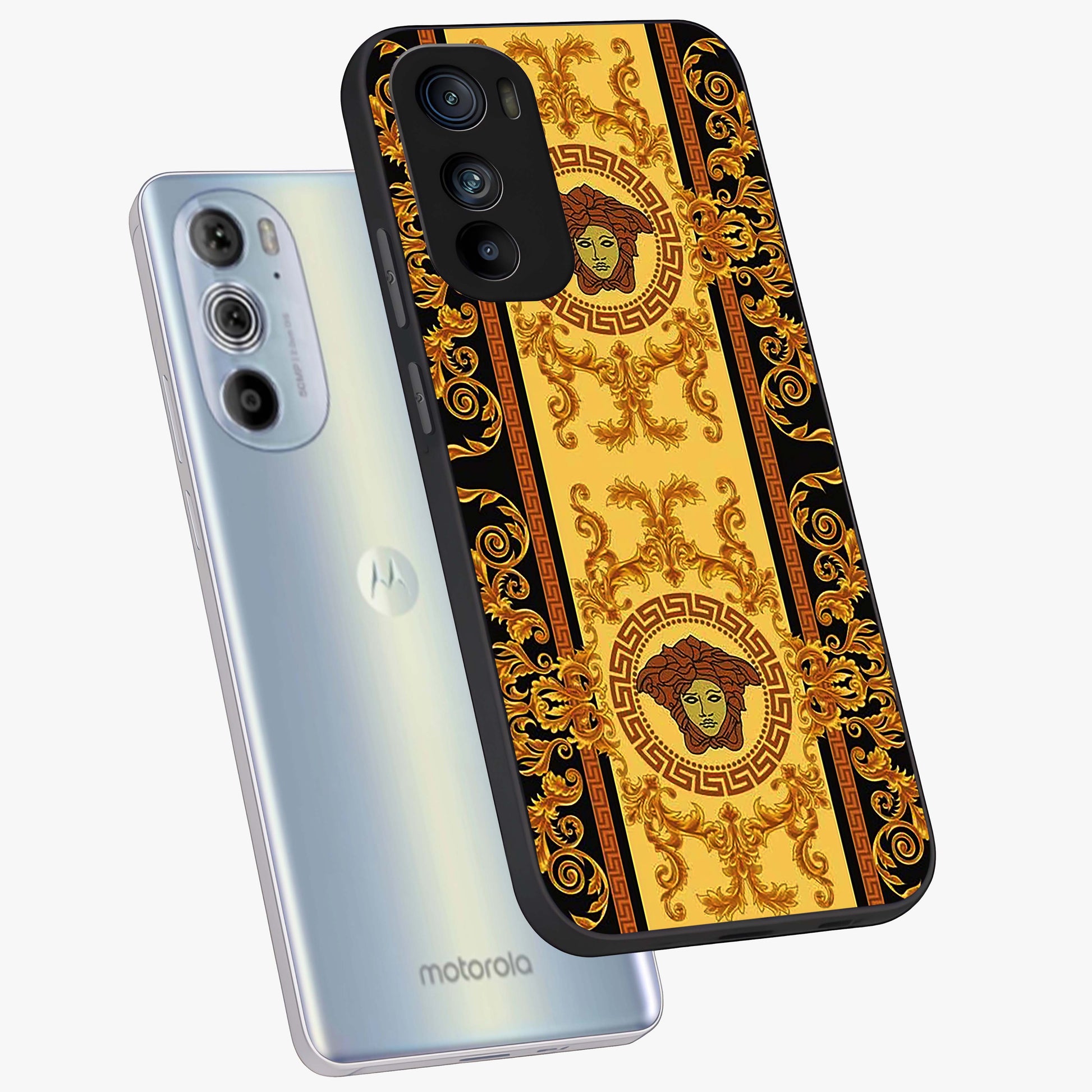 Golden Lotus Glow Glass Case displayed in angled mockup highlighting radiant lotus illustration with spiritual aesthetic.