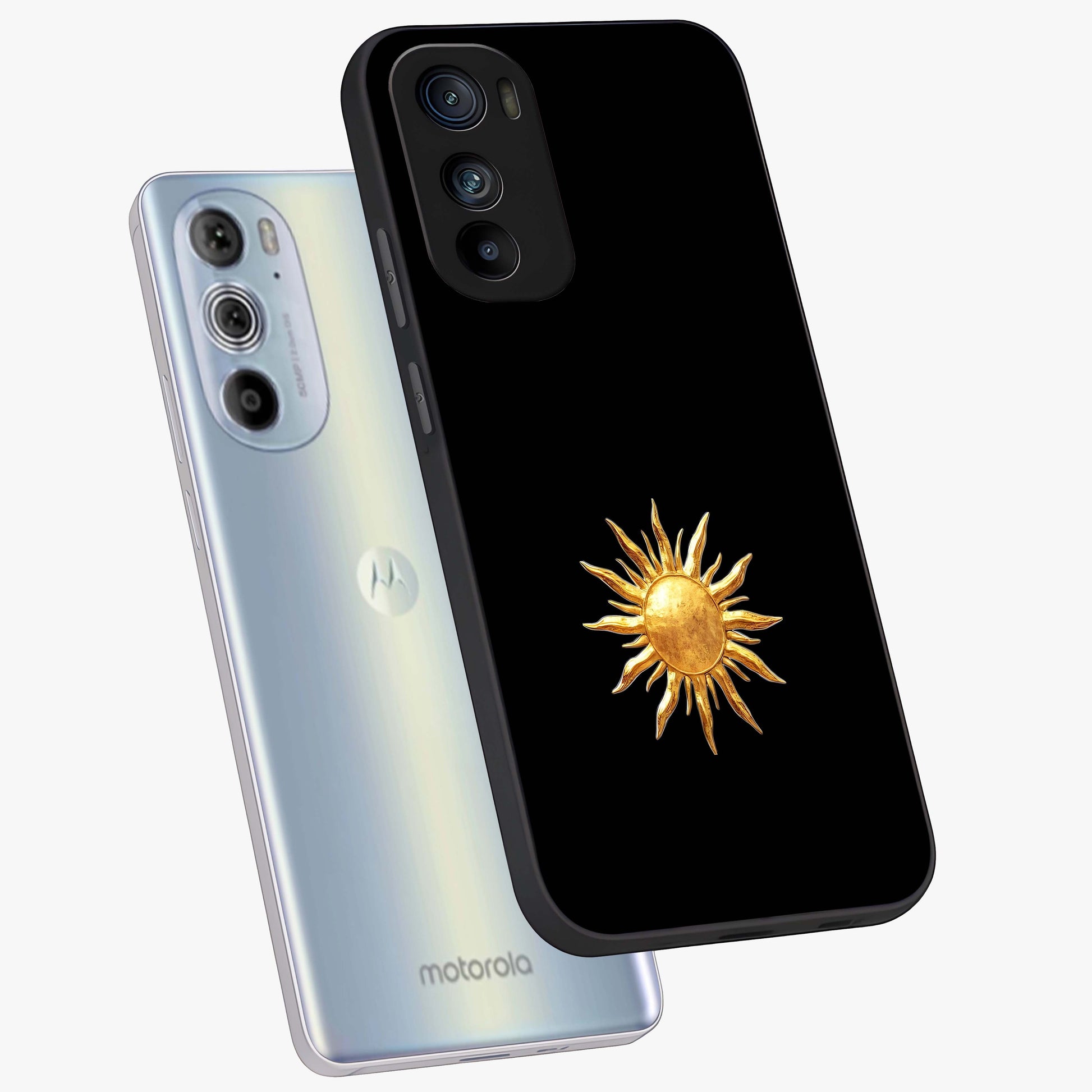 Golden Sun Minimalism Glass Case displayed in angled mockup highlighting eerie shadow illustration with gothic aesthetic.