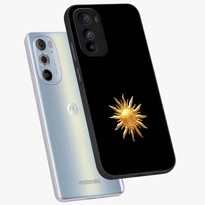 Golden Sun Minimalism Glass Case displayed in angled mockup highlighting eerie shadow illustration with gothic aesthetic.