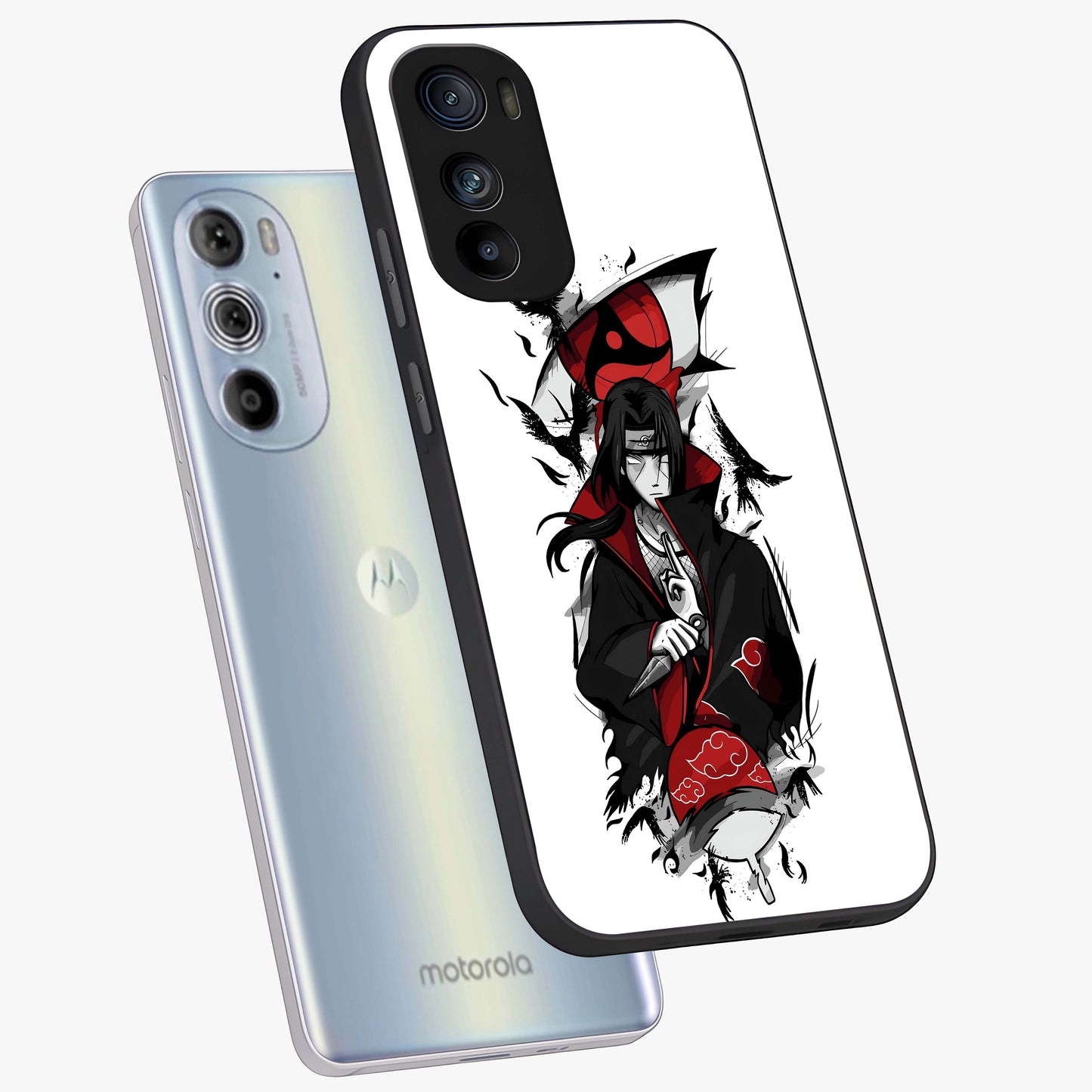 Itachi Limited Edition Naruto Anime Glass Case displayed in angled mockup highlighting dramatic anime illustration with bold action aesthetic.