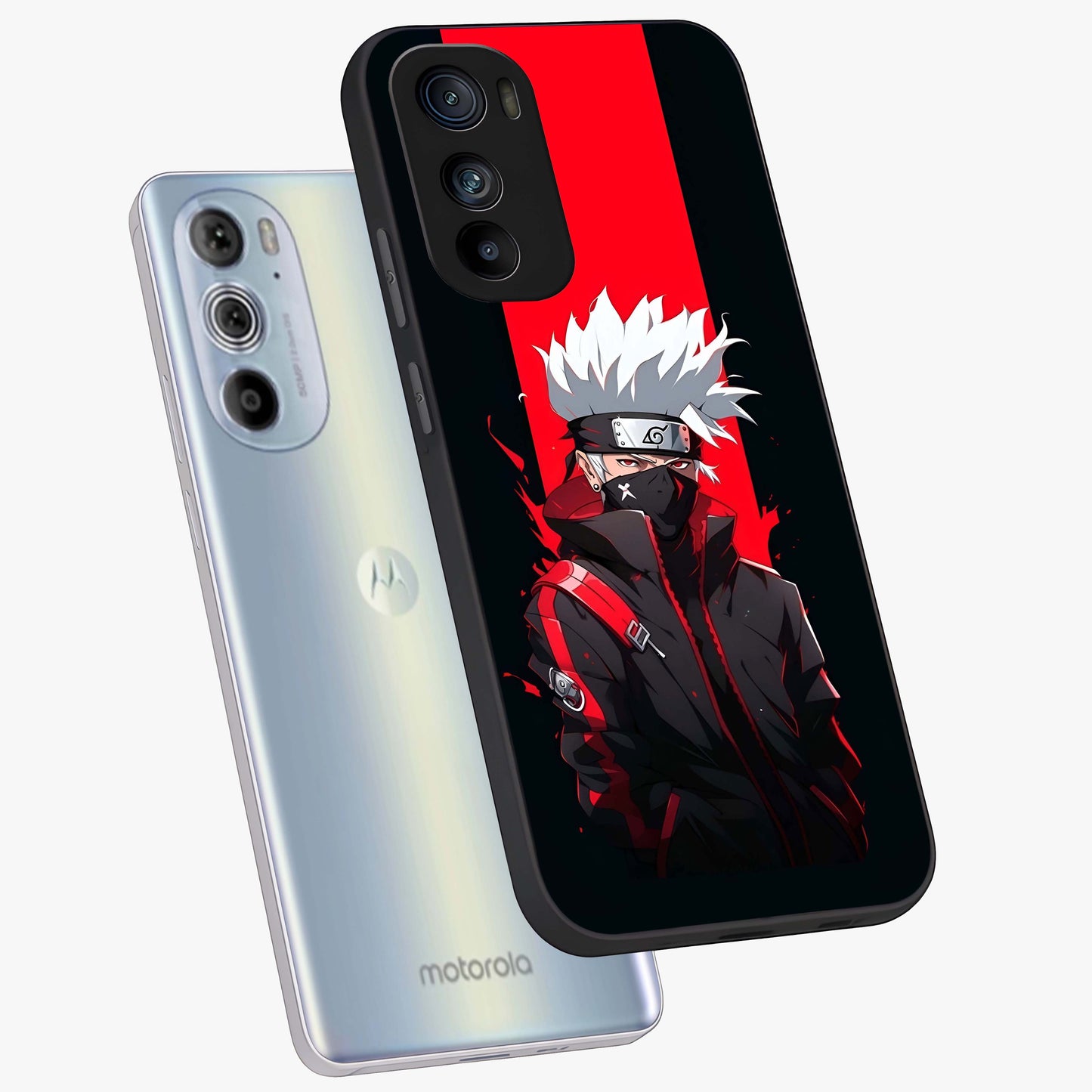 Kakashi Scarlet Shadow Glass Case displayed in angled mockup highlighting dramatic ninja illustration with scarlet themed aesthetic.