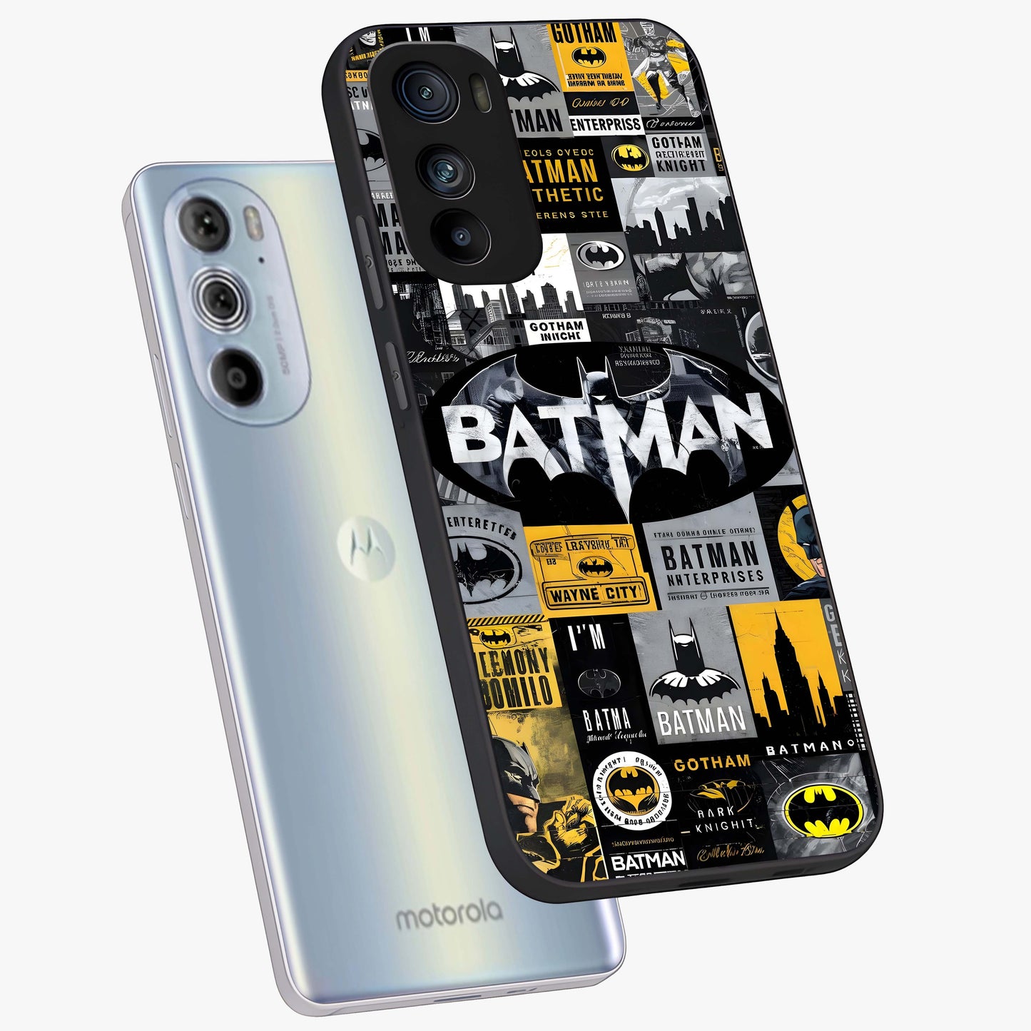 Knight Gotham Rise Glass Case displayed in angled mockup highlighting powerful knight silhouette design with dramatic aesthetic.