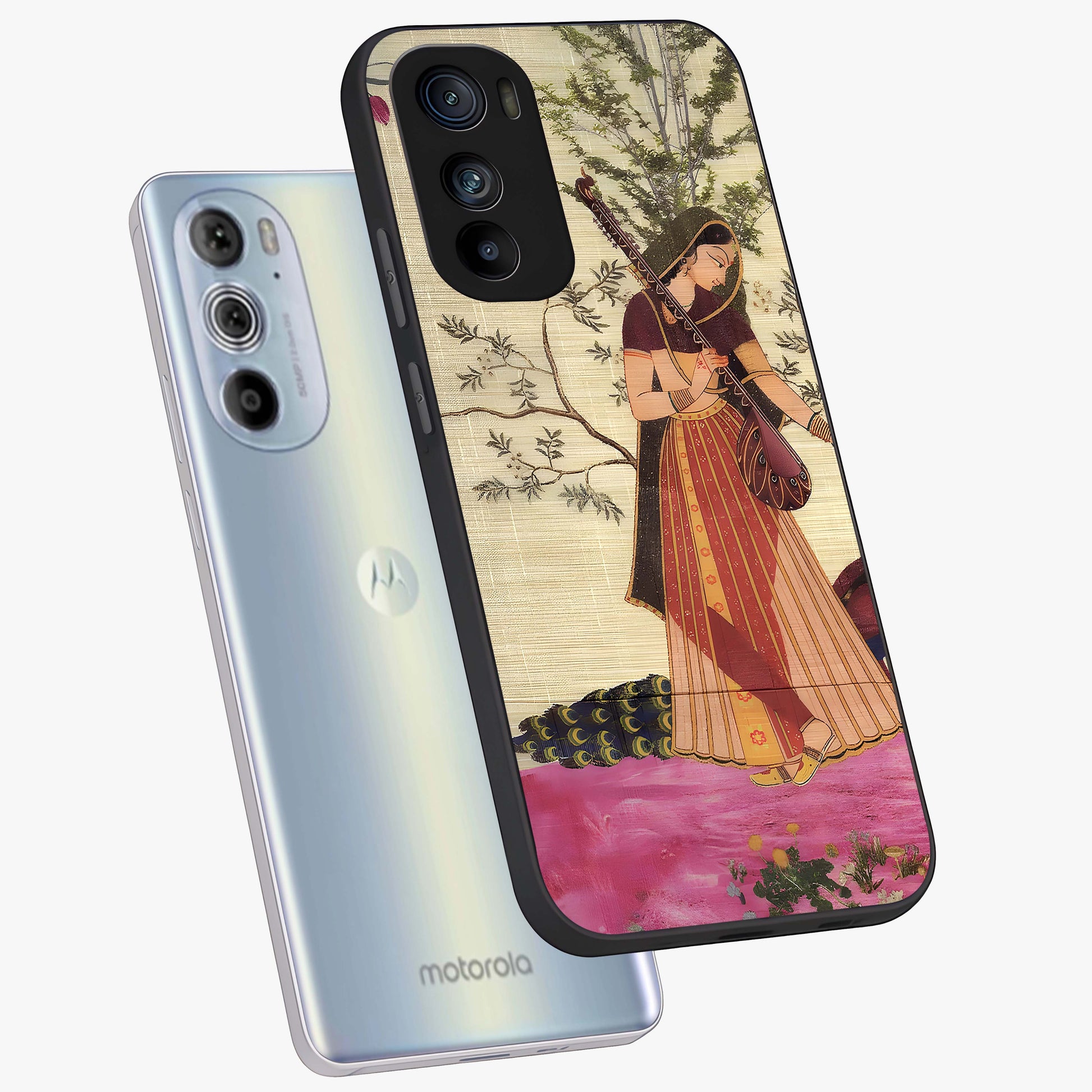 Lady With Veena Art Glass Case displayed in angled mockup highlighting graceful musical illustration with cultural artistic aesthetic.