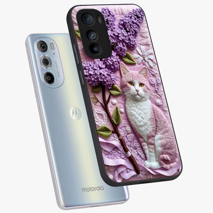Lavender Cat Whimsy Glass Case displayed in angled mockup highlighting playful feline illustration with pastel lavender aesthetic.