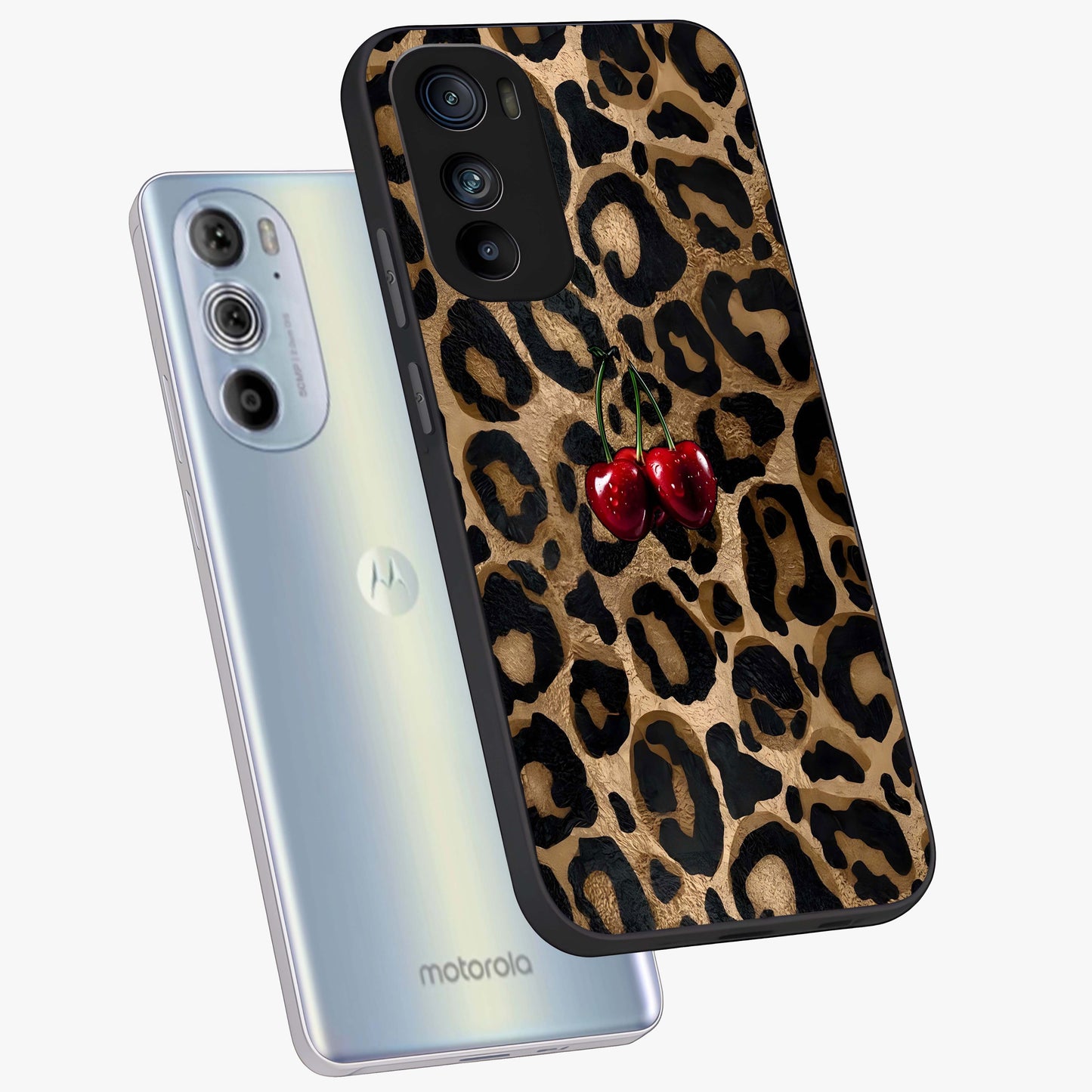 Leopard Wild Cherry Glass Case displayed in angled mockup highlighting bold animal print design with playful cherry aesthetic.
